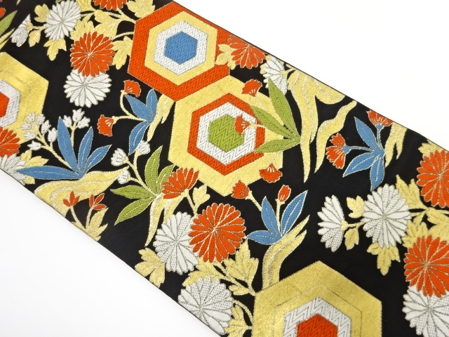 アンティーク　亀甲に草花模様織り出し袋帯（着用可）